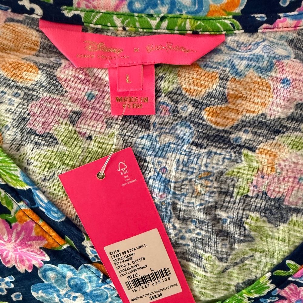 NWT Lilly Pulitzer Etta v-neck t-shirt in Lilly Loves Disney Aegean Navy Size L - Picture 4 of 4